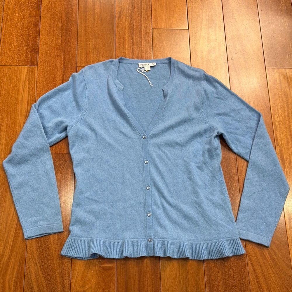NWOT Women’s Pendleton Blue Cashmere ruffle Cardigan Sweater Size‎ L